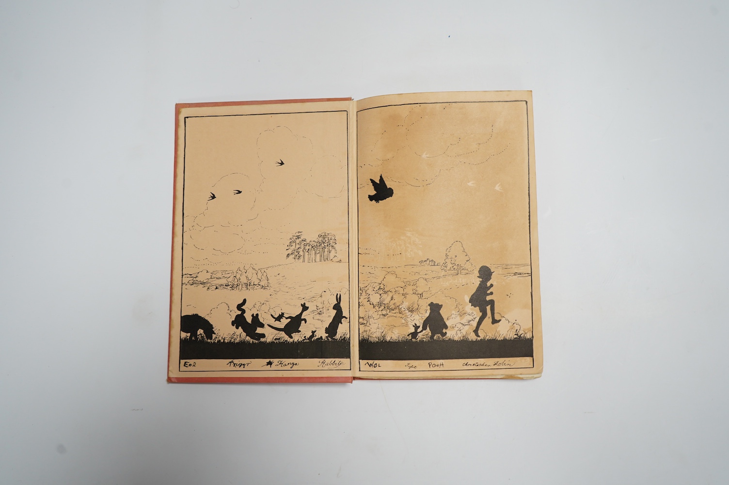 Milne, A.A. - The House at Pooh Corner. With decoration by Ernest H. Shepard. First Edition. frontis and text illus. throughout including pictorial e/ps.; original gilt ruled and pictorial pink cloth with gilt top, sm.cr